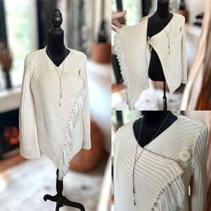 ANTHROPOLOGIE Lisa Z Knit Fringe Wrap-around Poncho Cardigan Sweater Wool Size M